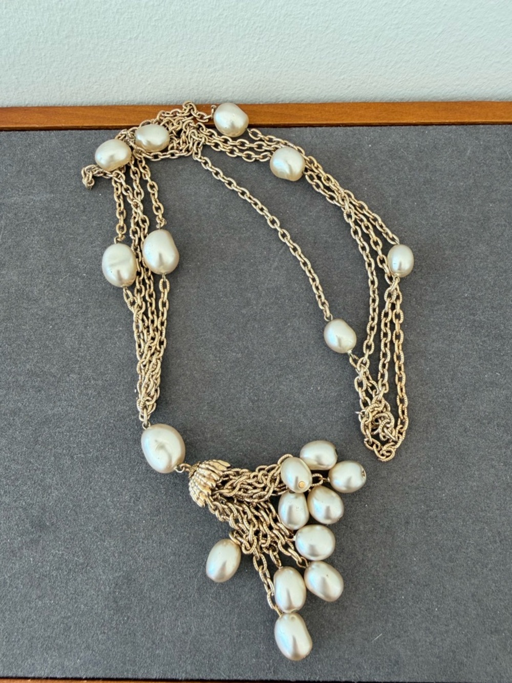 Vintage Gold tone Chain Necklace with Faux Pearl Drops